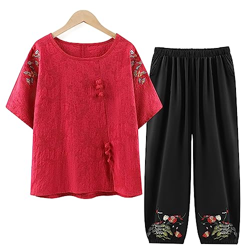 QPZK Frauen Tang Anzug Hanfu Chinesische traditionelle Kleidung, Erwachsene ältere Tai Chi -Uniform für Frauen Kampfkunst Kung Fu Kleidung Kurzärärmische Mantel und Hosen red-5XL von QPZK