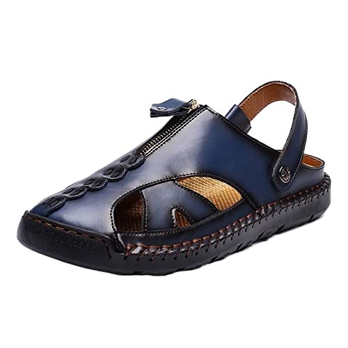 QSFZ Casual Sandals for Men Closed Toe Beach Sandal Ankle Strap Faux Leather Waterproof Outdoor Sandals (Color : Blau, Size : 44 EU) von QSFZ