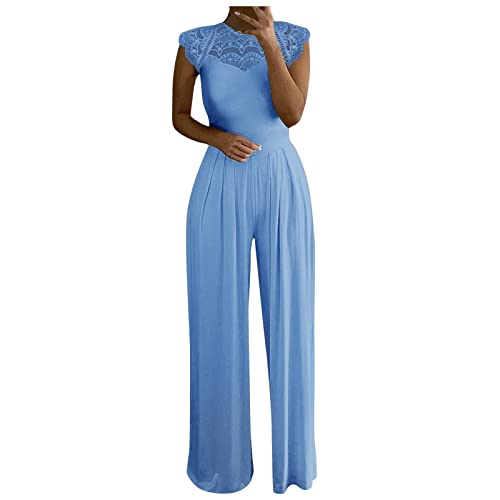 QSSS Jumpsuit Damen Elegante, Spitze Spleißen Festlich Hochzeit Lang Weites Bein Hosen Hohe Taillen Elegant Einteiler Overall Frauen Blumenspitze Business Party Breites Hosenanzug, Blau, XXXL von QSSS