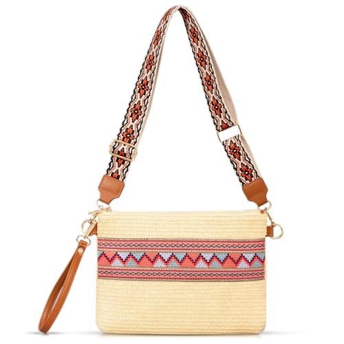 Bohemian-Clutch-Geldbörsen für Damen, Strandtasche, Canvas-Schultergurt, Crossbody-Taschen, handgewebter Strohumschlag, Sommer-Umhängetasche, geeignet für Urlaub, Reisen, Alltag (rot), Rot/Ausflug, von QTKJ