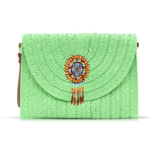 Bohemian-Clutch-Geldbörsen für Damen, Strandtasche, Crossbody-Taschen, handgewebter Strohumschlag, Sommer-Schultertasche, Grün , Einheitsgröße von QTKJ