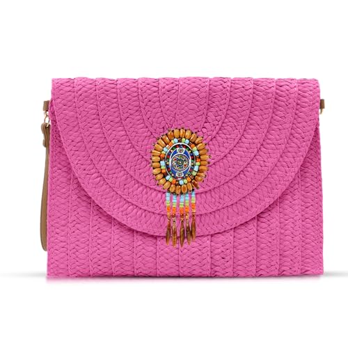 Bohemian-Clutch-Geldbörsen für Damen, Strandtasche, Crossbody-Taschen, handgewebter Strohumschlag, Sommer-Schultertasche, Rose, Einheitsgröße von QTKJ