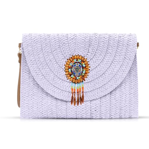 Bohemian-Clutch-Geldbörsen für Damen, Strandtasche, Crossbody-Taschen, handgewebter Strohumschlag, Sommer-Schultertasche, Violett, Einheitsgröße von QTKJ