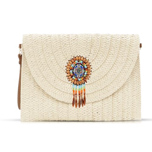 Bohemian-Clutch-Geldbörsen für Damen, Strandtasche, Crossbody-Taschen, handgewebter Strohumschlag, Sommer-Schultertasche, Weiss/opulenter Garten, Einheitsgröße von QTKJ