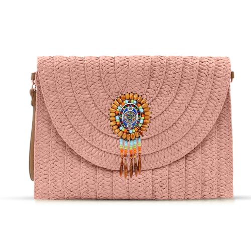 Bohemian-Clutch-Geldbörsen für Damen, Strandtasche, Crossbody-Taschen, handgewebter Strohumschlag, Sommer-Schultertasche, dunkelrosa, Einheitsgröße von QTKJ