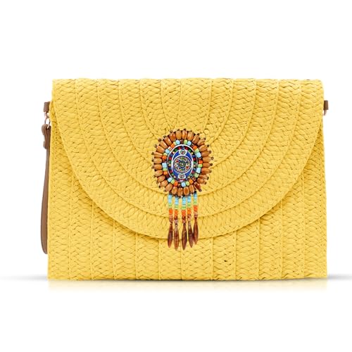 Bohemian-Clutch-Geldbörsen für Damen, Strandtasche, Crossbody-Taschen, handgewebter Strohumschlag, Sommer-Schultertasche, gelb, Einheitsgröße von QTKJ