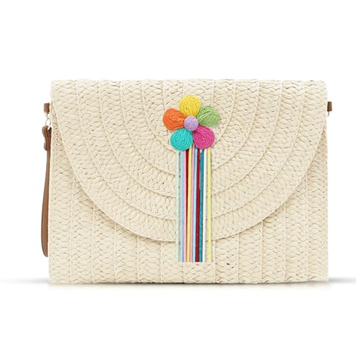 Bohemian-Clutch-Geldbörsen für Damen, bunte Blumenfransen, Strandtasche, Umhängetasche, handgewebt, Strohumschlag, Sommer-Umhängetasche, geeignet für Urlaub, Reisen, Alltag (Beige), Beige, von QTKJ