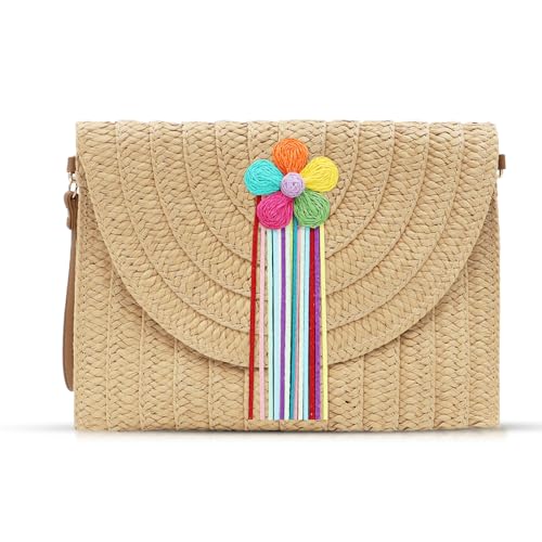 Bohemian-Clutch-Geldbörsen für Damen, bunte Blumenfransen, Strandtasche, Umhängetasche, handgewebt, Strohumschlag, Sommer-Umhängetasche, geeignet für Urlaub, Reisen, Alltag (Khaki), Khaki, von QTKJ