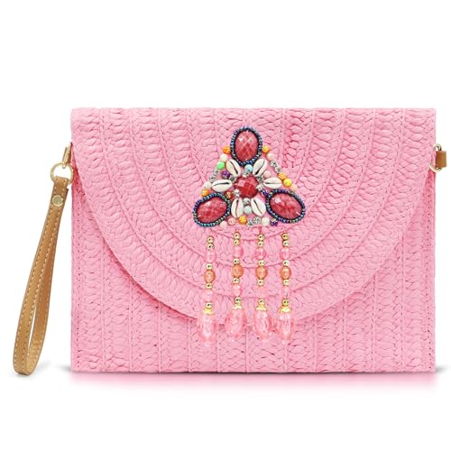 Bohemian Clutch Geldbörsen für Damen, rosa Strandtasche, Crossbody-Taschen, handgewebter Strohumschlag-Paket, Pink, Einheitsgröße von QTKJ