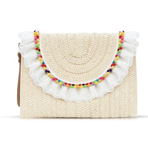 Clutch-Geldbörse, Strohumschlag, Spitze und farbige Perlen, Clutch, Handtaschen mit Crossbody-Schultergurt, Strohtasche geeignet für Strand, Reisen, tägliches Matching, Beige, Einheitsgröße von QTKJ