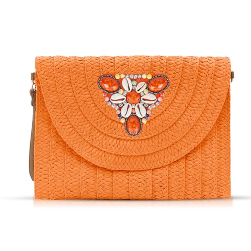 Clutch-Geldbörsen für Damen, Bohemian-Strandtasche, Bohemian-Stil, Umhängetasche, handgewebt, Strohumschlag, Paket (Orange), Orange/Abendrot im Zickzackmuster (Sunset Chevron), Einheitsgröße von QTKJ