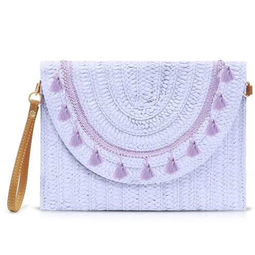 Clutch-Geldbörsen für Damen, lila, Strandtasche, Bohemian-Umhängetasche, handgewebter Strohumschlag, Paket, Violett, Einheitsgröße von QTKJ