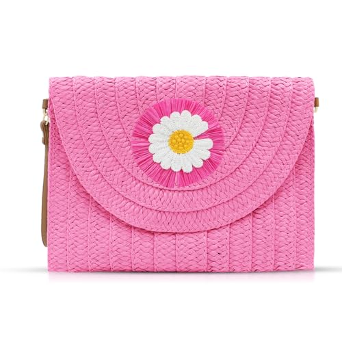 Clutch-Geldbörsen mit Blumen für Damen, Hot Pink, Strandtasche, Bohemian-Umhängetasche, handgewebter Strohumschlag, Paket, Knallpink (Hot Pink), Einheitsgröße von QTKJ