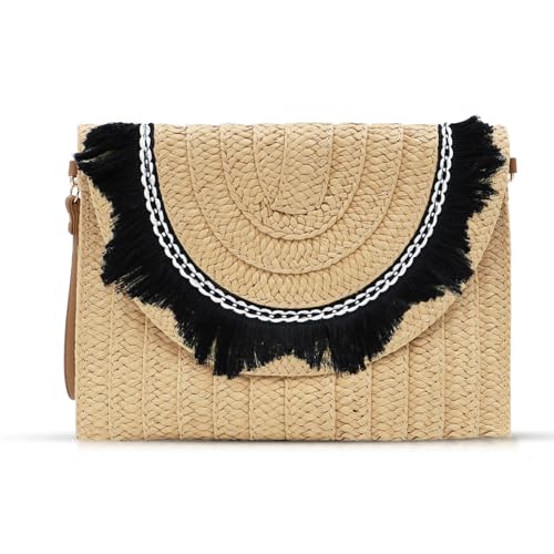 QTKJ Clutch-Geldbörse, Strohumschlag, Boho-Stil, schwarz, gewellte Quasten, Clutch, Handtaschen mit Schultergurt, Strohtasche, geeignet für Strand, Reisen, Alltag (Khaki), Khaki, Einheitsgröße von QTKJ