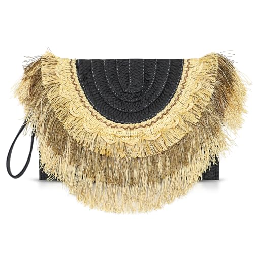 QTKJ Clutch-Geldbörse für Damen, Strohumschlag, lange Quasten, Clutch, Bohemian-Handtaschen mit Schultergurt, Strohtasche, geeignet für Strand, Reisen, Alltag (Gold), Schwarz, Einheitsgröße von QTKJ