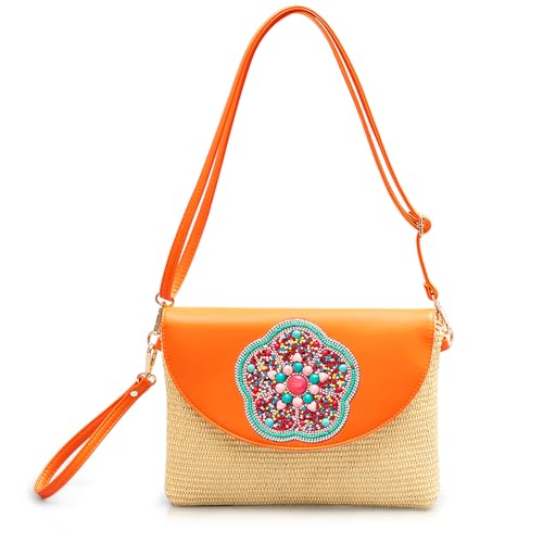 QTKJ Clutch-Geldbörsen für Damen, Bohemian-Stil, handgefertigt, Strohtasche, aufklappbare Leder-Umhängetasche, gewebter Umschlag, Orangefarbene Stickerei, Einheitsgröße von QTKJ