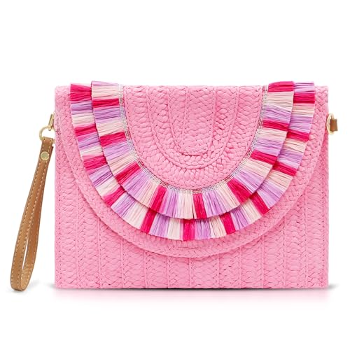 QTKJ Clutch-Geldbörsen für Damen, Stroh-Strandtasche, Bohemian-Stil, handgefertigt, gewebt, Umschlagpaket, Quaste, Sommerhandtaschen für Urlaub, Reisen (Rosa), Pink, Einheitsgröße von QTKJ