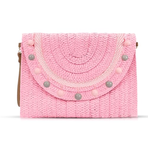 QTKJ Clutch-Geldbörsen für Damen, Stroh-Strandtasche, Bohemian-Stil, handgefertigt, gewebte Geldbörse, Holzperlen, Handtaschen für Damen, Urlaub, Reisen (Rosa), Pink, Einheitsgröße von QTKJ