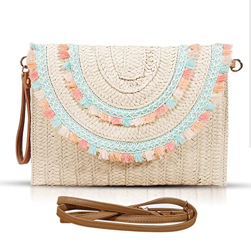 QTKJ Clutch-Geldbörsen für Frauen, Strohtasche, bunte Quasten, Umschlagpaket, böhmische Handtaschen für Urlaub, Reisen, tägliches Matching, Beige von QTKJ