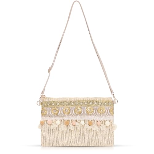 QTKJ Crossbody-Tasche für Damen, Quasten-Pailletten, Clutch-Geldbörsen, Bohemian-Handarbeit, gewebte Handtaschen, Sommer-Strandtasche, Umschlag-Geldbörse, Beige, Einheitsgröße von QTKJ