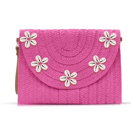 QTKJ Stroh-Crossbody-Tasche für Damen, Clutch, Muschelverzierung, Strohtasche, Bohemian, handgefertigt, gewebte Handtaschen, Sommer, Strandtasche, Umschlag-Geldbörse, Hot Pink, Pink, Einheitsgröße von QTKJ