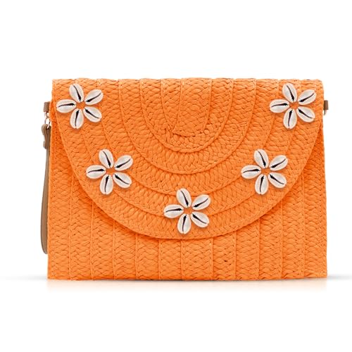 QTKJ Stroh-Crossbody-Tasche für Damen, Clutch, Muschelverzierung, Strohtasche, Bohemian-Stil, handgefertigt, gewebte Handtaschen, Sommer, Strandtasche, Umschlag-Geldbörse (Orange), Orange/Abendrot im von QTKJ