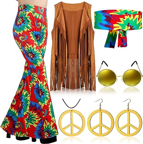 QTUN 7 Stück 60er 70er Jahre Hippie Bekleidung für Damen Hippie Kostüm Set mit Boho Schlaghosen Fransenweste Stirnband Hippie Kostüme Zubehör 70er Jahre Disco Outfit für Halloween Karneval Cosplay von QTUN