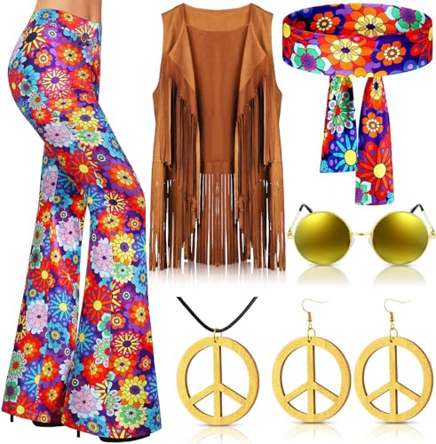 QTUN 7 Stück 60er 70er Jahre Hippie Bekleidung für Damen Hippie Kostüm Set mit Boho Schlaghosen Fransenweste Stirnband Hippie Kostüme Zubehör 70er Jahre Disco Outfit für Halloween Karneval Cosplay von QTUN