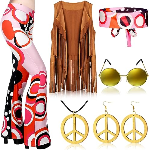 QTUN 7 Stück 60er 70er Jahre Hippie Bekleidung für Damen Hippie Kostüm Set mit Boho Schlaghosen Fransenweste Stirnband Hippie Kostüme Zubehör 70er Jahre Disco Outfit für Halloween Karneval Cosplay von QTUN