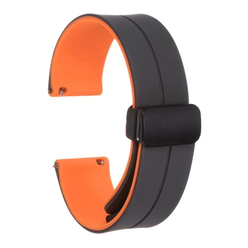 QUARKZMAN Magnetisches Silikon Uhrenarmband 20mm Schnellwechsel Weiches Gummi Wasserdichtes Ersatzarmband mit schwarzem Metall-Faltschließe für Männer und Frauen, Grau/Orange von QUARKZMAN