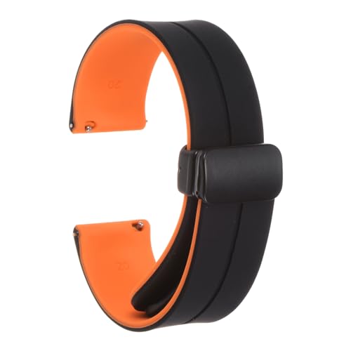 QUARKZMAN Magnetisches Silikon Uhrenarmband 20mm Schnellwechsel Weiches Gummi Wasserdichtes Ersatzarmband mit schwarzem Metall-Faltschließe für Männer und Frauen, Schwarz/Orange von QUARKZMAN