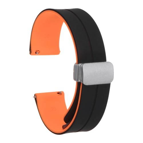 QUARKZMAN Magnetisches Silikon Uhrenarmband 20mm Schnellwechsel Weiches Gummi Wasserdichtes Ersatzarmband mit silberner Metall-Faltschließe für Männer und Frauen, Schwarz/Orange von QUARKZMAN