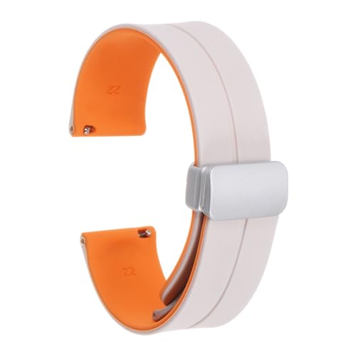 QUARKZMAN Magnetisches Silikon Uhrenarmband 22mm Schnellwechsel Weiches Gummi Wasserdichtes Ersatzarmband mit silberner Metall-Faltschließe für Männer und Frauen, Weiß/Orange von QUARKZMAN