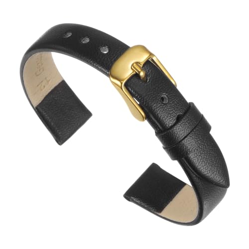 QUARKZMAN Schwarzes Echtlederarmband, 12 mm breit, flaches, dünnes, elegantes Lederarmband mit goldfarbener Schnalle für Damen und Herren von QUARKZMAN