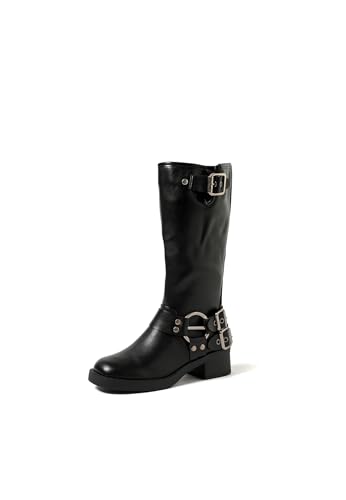 QUEEN HELENA Damen Casual Biker Stiefel mit Schnalle Niedrigen Absatz X30-119, Schwarz , 37 EU von QUEEN HELENA