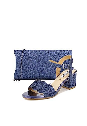 QUEEN HELENA Elegante Glitzer-Sandalen mit niedrigem Absatz mit Strass für Damen ZM9460, Blauer Schuh mit Clutch, 38 EU von QUEEN HELENA