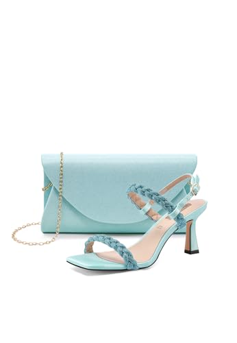 QUEEN HELENA Elegante Sandalen mit Strass für Damen S2860, Schuh mit blauer Clutch, 35 EU von QUEEN HELENA