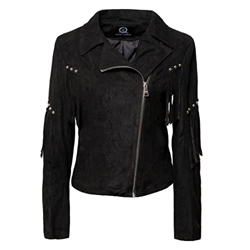 QUEEN HELENA Wildlederjacke mit Fransen Jacke Kurz Nageljacke Biker Casual Leichte Damen Y3003, Schwarz , S von QUEEN HELENA