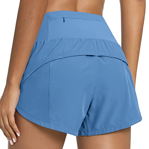 QUEENIEKE 2 in 1 Kurz Laufhose Damen Sommer High Waist Sportshorts Leichte und Atmungsaktiv Laufshorts Fitness Gym Yoga mit Innenslip Farbe Wiener Blau XL von QUEENIEKE