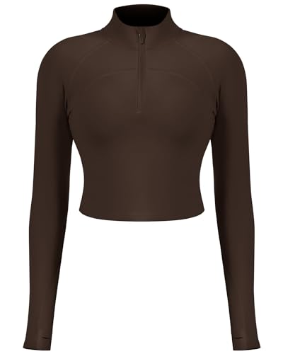 QUEENIEKE Damen Kurz Sportjacken Leichte Sportoberteile Halber Reißverschluss Activewear Langarmshirts mit Daumenlöchern Yoga Jacke Geröstetes Braun M von QUEENIEKE