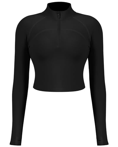 QUEENIEKE Damen Kurz Sportjacken Leichte Sportoberteile Halber Reißverschluss Activewear Langarmshirts mit Daumenlöchern Yoga Jacke Schwarz M von QUEENIEKE