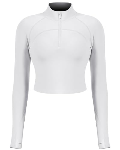 QUEENIEKE Damen Kurz Sportjacken Leichte Sportoberteile Halber Reißverschluss Activewear Langarmshirts mit Daumenlöchern Yoga Jacke Weiß L von QUEENIEKE