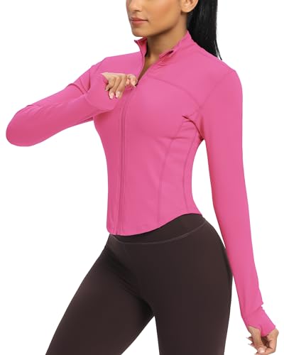 QUEENIEKE Damen Laufjacke Atmungsaktive und Leicht Sportjacke Langarm definieren Jacke mit Daumenloch für Fitness Trainingjacke Jacke Größe L Farbe Heißes Rosa von QUEENIEKE