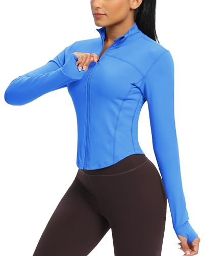 QUEENIEKE Damen Laufjacke Atmungsaktive und Leicht Sportjacke Langarm definieren Jacke mit Daumenloch für Fitness Trainingjacke Jacke Größe L Farbe Traumblau von QUEENIEKE