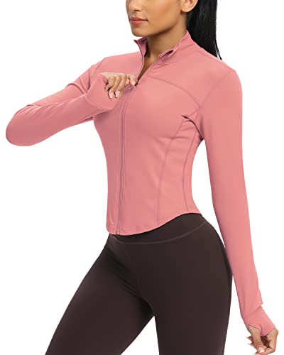 QUEENIEKE Damen Laufjacke Atmungsaktive und Leicht Sportjacke Langarm definieren Jacke mit Daumenloch für Fitness Trainingjacke Jacke Größe M Farbe Dunstige Rose von QUEENIEKE