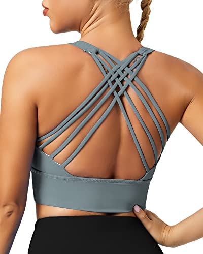 QUEENIEKE Damen Sport BH Gepolstert leichte Yoga Bra ohne Buegel Spaghettiträger Sport Bra Cross Back Cropped Top für Fitness Farbe Denim Blau B Größe XL von QUEENIEKE