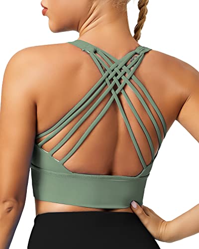 QUEENIEKE Damen Sport BH Gepolstert leichte Yoga Bra ohne Buegel Spaghettiträger Sport Bra Cross Back Cropped Top für Fitness Farbe Dunstiges Grün B Größe XS von QUEENIEKE