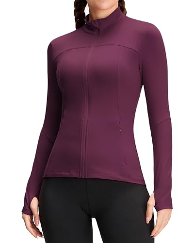 QUEENIEKE Damen Laufjacke Sportjacke Trainningsjack Langarm definieren Jacke Full Zip Leicht Atmungsaktive Sweatjacke mit Taschen Daumenloch für Fitness Yoga Jacke Dunkelrosenrot XL von QUEENIEKE