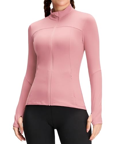 QUEENIEKE Damen Laufjacke Sportjacke Trainningsjack Langarm definieren Jacke Full Zip Leicht Atmungsaktive Sweatjacke mit Taschen Daumenloch für Fitness Yoga Jacke Dunstige Rose M von QUEENIEKE