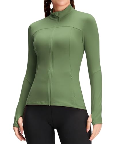 QUEENIEKE Damen Laufjacke Sportjacke Trainningsjack Langarm definieren Jacke Full Zip Leicht Atmungsaktive Sweatjacke mit Taschen Daumenloch für Fitness Yoga Jacke Moosgrün L von QUEENIEKE